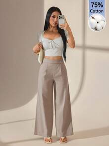 SHEIN PETITE 女款灰色竹纖維面料長褲，前腰扣飾設計，優雅教師制服風，專業且休閒，感恩節與萬聖節必備，百搭寬鬆直筒褲，棉混紡舒適 - 灰色 - 查看 7