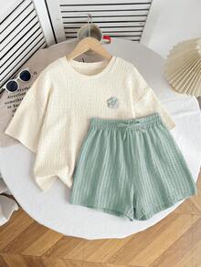 SHEIN 兒童青少年女孩純色針織短袖圓領上衣與寬鬆短褲休閒兩件套 - 薄荷綠 - 查看 1