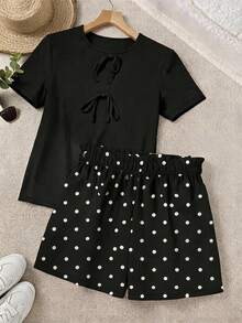 SHEIN LUNE 大尺碼女款格紋印花開學穿搭 前綁帶襯衫商務休閒女裝 曲線版型短褲 2件套返校服 秋季女裝 老錢風女款 - 黑色 - 查看 3