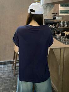 DAZY 女款夏季圓領短袖印花休閒基礎街頭風T恤 度假穿搭圖案上衣 高爾夫白色可愛上衣 - 藏蓝色 - 查看 4
