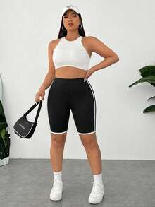 SHEIN EZwear 大尺碼女款下擺彈性腰休閒基本款短褲 - 黑色 - 查看 6