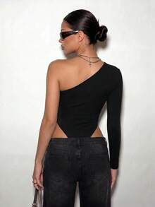 SHEIN ICON Spring/Summer Women's Black Goth Grunge Sexy Solid Color Sexy Asymmetric Cut Tight Bodysuit - Black - View 2