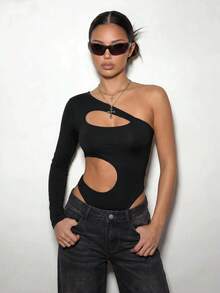 SHEIN ICON Spring/Summer Women's Black Goth Grunge Sexy Solid Color Sexy Asymmetric Cut Tight Bodysuit - Black - View 1