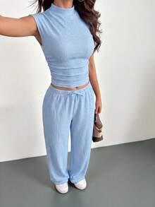 SHEIN Tall 2件組女款夏季純色立領百褶上衣與長褲套裝，休閒運動居家服，嬰兒藍，適合高個女性 - 淺藍色 - 查看 4