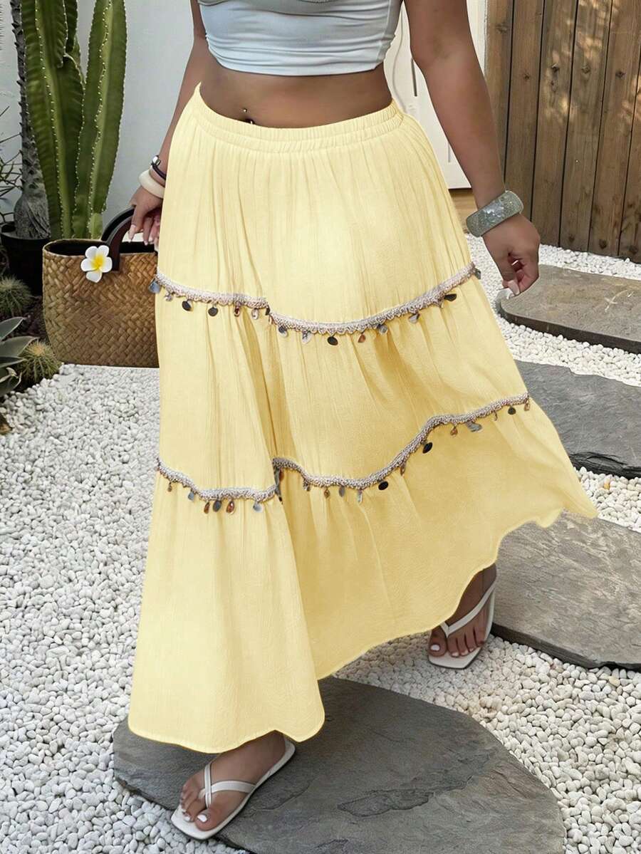 Sunnyshic Falda con decoración de colgante estilo vacaciones talla grande - Amarillo - Ver 1