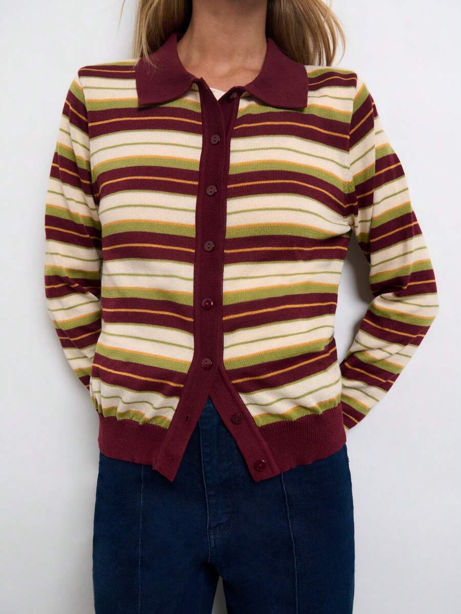 Nöista Áo cardigan len dệt kim nữ tay dài kẻ sọc, cài một hàng cúc, phong cách thường ngày - Màu nâu Mocha - Xem 1