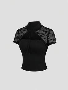 Sweetra Camiseta de mujer de diseñador de calle elegante y versátil, estilo chic de alta calle, efecto adelgazante, con encaje, cómoda, para primavera/verano, nueva - Negro - Ver 3