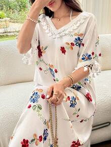 Al Najma 法式V領掛脖甜美多彩花卉印花流蘇飾邊拼接短袖寬鬆喇叭女款度假洋裝 - 彩色 - 查看 9