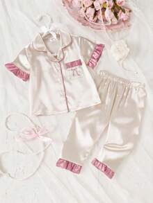 Baby Girl Solid Color Short Sleeve Long Pants Bow Embroidery Ruffle Trim 2-Piece Loungewear Set Spring Summer - Champagne - View 3