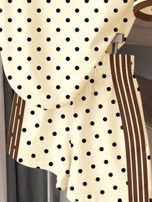 Vintage Modern Polka Dots, Classic Black And White Polka Dots, Contrast Color Sporty Stripes, French Style, Dopamine Dressing, Chill Chill, Young Girl Casual Minimalist Short Sleeve And Shorts Two Pieces Set Suitable For Summer - Multicolor - View 4