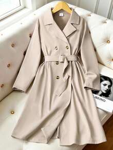 SHEIN 1件女款時尚新款卡其色編織雙排扣束腰長版大衣，適合春季、秋季、戶外、街頭風、休閒、通勤 - 棕色 - 查看 8