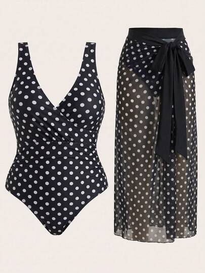 Swim Oasis Plus Size Women's Vacation Polka Dot Print One-Piece Swimsuit With Cover-Up Skirt