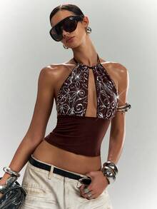LYSMO Damen Neckholder-Top mit Pailletten, Blumenmuster und Cut-out-Design - Kaffeebraun - Übersicht 5