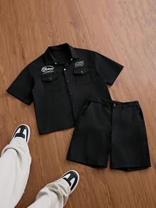 SWAVVY Conjunto de camisa de manga corta con bolsillo y botones de un solo pecho bordada y pantalones cortos con bolsillo de parche y botones para hombres - Negro - Ver 8