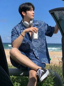 DAZY Floral Jacquard Design Short Sleeve Shirt Paired With Shorts Denim Suit For Men Summer - Blue - View 5