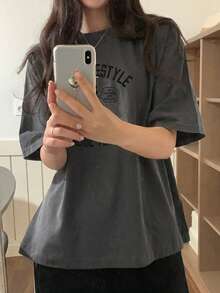 DAZY 女款圓領圖案印花對比蕾絲袖口短袖T恤 春夏 - 灰色 - 查看 4