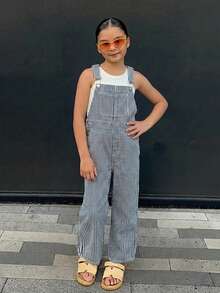 DAZY Loose Striped Denim Overalls For Young Girls Denim Overalls And Jumpsuits - Blue - View 1