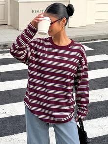 Muchica 女款寬鬆條紋露背綁帶長袖T恤，適合外出、返校、街頭穿搭，露背上衣 - 彩色 - 查看 4
