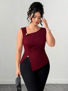 SHEIN Clasi Plus Size Women's Fashion Elegant Solid Color Asymmetric Shoulder Strap Tank Top Office Burgundy Summer - Burgundy - View 6