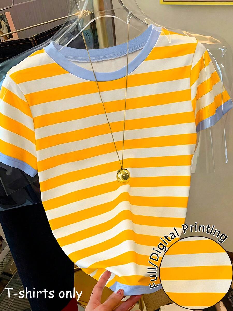 SHEIN Women's Colorblock Striped Round Neck Short Sleeve T-Shirt - Multicolor - View 1
