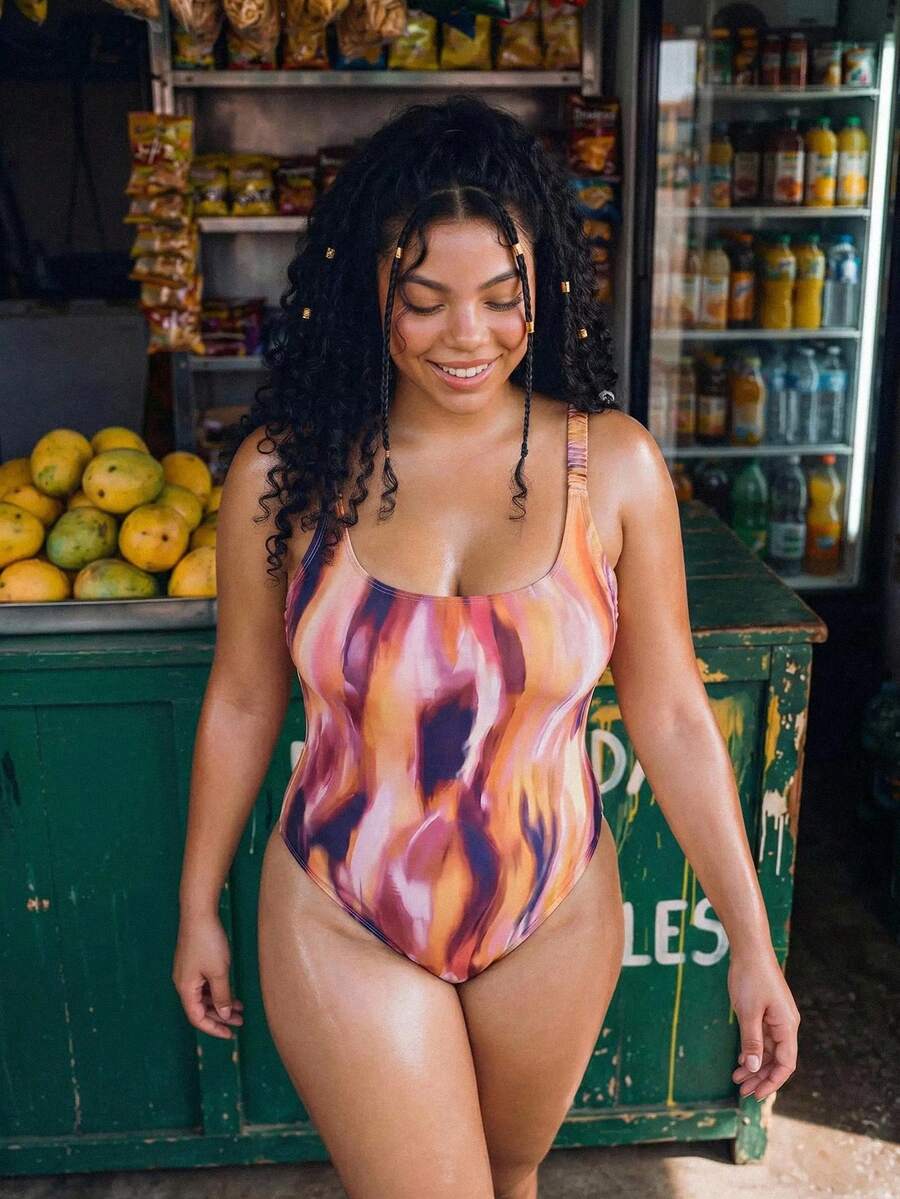 Swim Vcay Plus Size Vacation Beach Burnt Orange Print One-Piece Swimsuit Summer Sexy - Multicolor - View 1