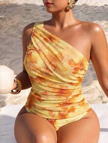 Elaquor Plus Size Floral Print One-Piece Swimsuit With Off-Shoulder Design Summer Beach Vacation Bathing Suits For Women One Piece Swimsuit Women - Multicolor - View 2