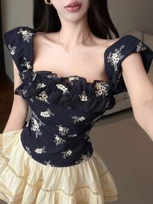 DAZY 夏季辣妹碎花露肩休閒度假婚禮宴會修身優雅短袖女款襯衫海軍藍碎花上衣 - 藏蓝色 - 查看 9