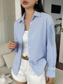 DAZY 春夏秋女款寬鬆休閒落肩長袖鈕扣領藍白細條紋布料襯衫 - 藍色 - 查看 3