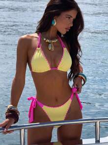 Swim Vcay Women's Triangle Cup Vacation Sexy Solid Color Floral Trim Bikini Two-Piece Swimsuit Set - Pink - View 3