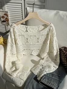 Comfortcana Women's Plus Size Bell Sleeve Hollow Out Knit Cardigan Winter - Apricot - View 3