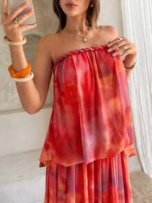 Firerie Women's Elegant Tropical Romantic Beach Vacation Party Date Afternoon Tea Sister Gathering Braided Red Orange Print Mesh Sheer Draped Tube Top Dress - Multicolor - View 11