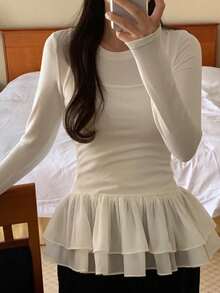 DAZY 2pcs Women's Solid Color Long Sleeve Base Layer T-Shirt & Chiffon Cami Top Set, White, Spring/Summer Lounge Sets For Women - White - View 7