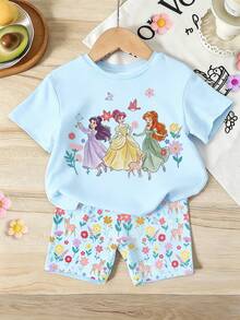 SHEIN Elladie kids 一套女童休闲甜美可爱蓝色短袖套装，梦幻公主印花T恤搭配可爱蝴蝶、小鹿、花朵图案短裤，适合夏季外出、度假、上学和节日穿着。 - 彩色 - 查看 4