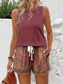 SHEIN LUNE Casual Women's Round Neck Tank Top And Shorts 2 Pieces Set Suitable For Summer - Pink - View 3