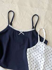SHEIN Tween女孩休閒日常百搭舒適波點細肩帶背心短褲套裝 - 彩色 - 查看 4