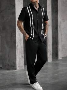 Manfinity Homme 男士對比色蕾絲短袖襯衫與長褲休閒套裝 - 黑色 - 查看 7