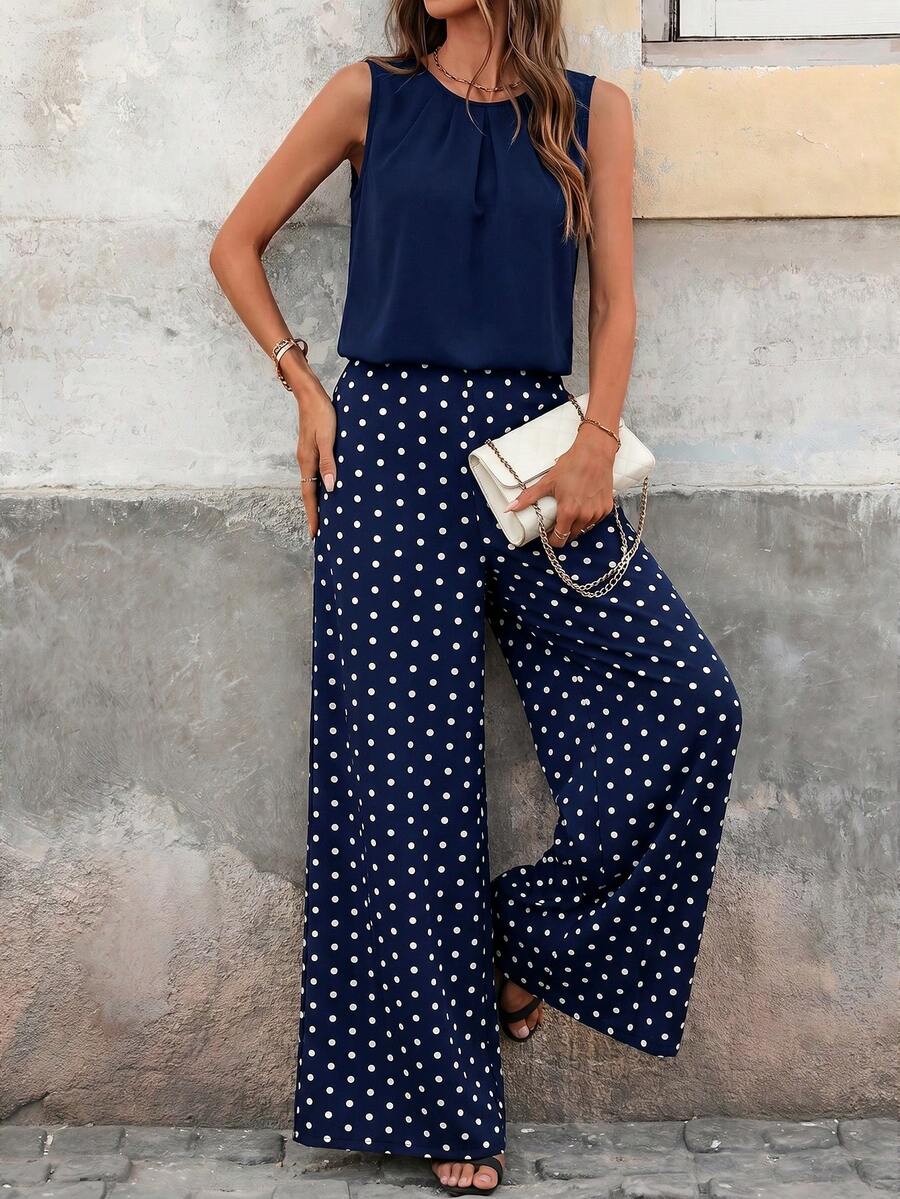SHEIN Clasi 女款時尚百搭素色百褶背心上衣與波點印花寬鬆長褲兩件套 - 藍白色 - 查看 1