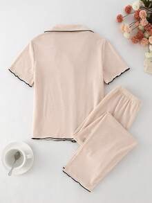Set pigiama da casa da 2 pezzi per ragazze, elegante classico alla moda minimalista, dolce e carino, casual primavera/estate, colore albicocca chiaro/kaki, in morbido tessuto lavorato a maglia delicato sulla pelle, con top a maniche corte con colletto e pantaloni lunghi - Cachi - Visualizzare 2