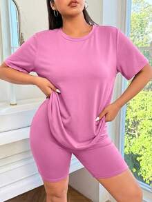 SHEIN EZwear 粉色大尺碼純色套裝 2件短袖上衣 + 2件及膝長褲 4件組 - 粉色 - 查看 7