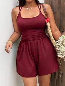 Sunnyshic Casual Elegant Lace-Up Strap Versatile Minimalist French Style Sleeveless Shorts Skirt Jumpsuit Summer Black Plus Size Women's Romper - Burgundy - View 6