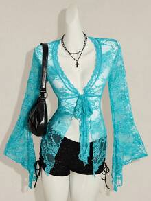 SHEIN ICON Y2k 女款西式鄉村音樂會波希米亞嬉皮哥德風透視酒紅色性感蕾絲扭轉前襟長袖開襟衫 - 藍色 - 查看 4