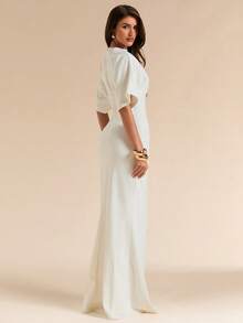 SHEIN BAE Spring/Summer Solid White Short Sleeve Fitted Pleated Elegant Dress For Women - White - View 4