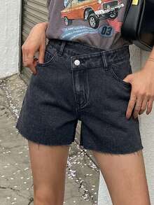 DAZY Rhinestone Decor Frayed Hem Loose Casual Denim Shorts For Summer - Black - View 2