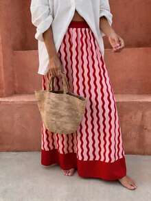 Flora Isola Flora Isola Women's Wavy Pattern Elastic Waist Contrast Color Elegant Boho Loose Skirt Beach Pink Striped Autumn - Multicolor - View 3