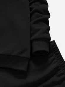SHEIN 小男孩寬鬆休閒簡約舒適圓領套頭字母印花運動長褲套裝 - 黑色 - 查看 7