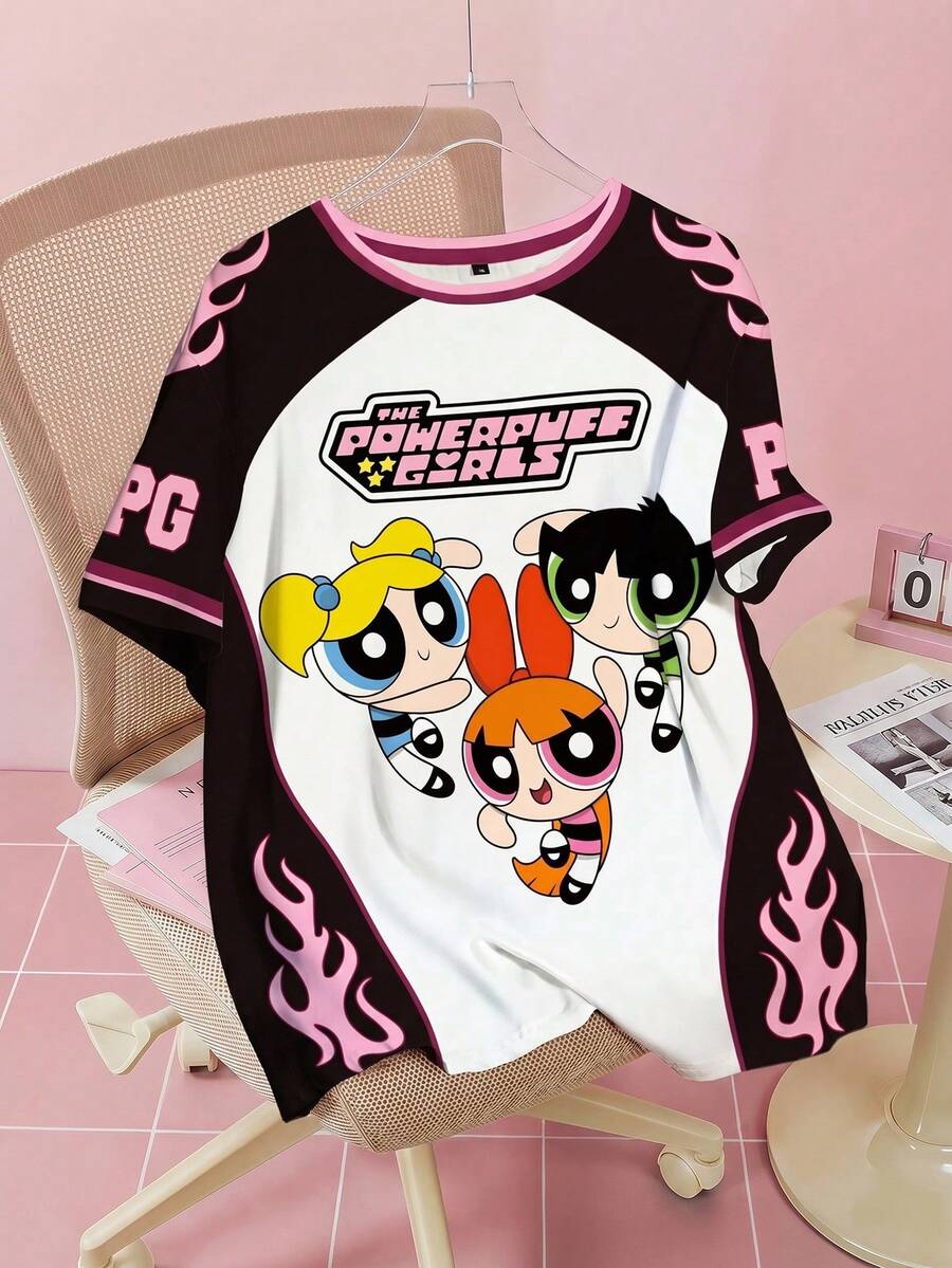 THE POWERPUFF GIRLS X SHEIN Plus Size Women's Casual Fashionable Street Colorblock Blossom, Bubbles, Buttercup Pattern Raglan Short Sleeve T-Shirt - White - View 1