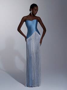 Elitara Elegant, , Fashionable Blue Satin & Mesh Patchwork Tassel Decor Fishtail Hem Dress, Suitable For Party, Wedding Guest, Formal Evening Gown - Blue - View 2