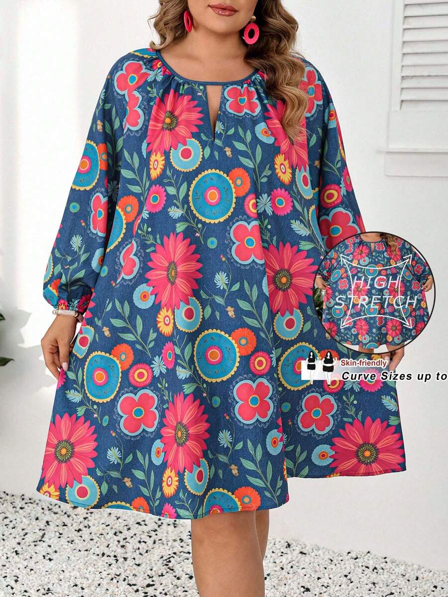 SHEIN CURVE+ 大尺碼花卉印花度假休閒洋裝 - 彩色 - 查看 1