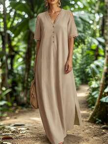 Linhara CURVE Plus Size Woven Elegant Summer Women's Dress For Vacation - Khaki - View 4