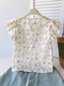 SHEIN Tween Girl Flower Print Round Neck Ruffle Sleeve Casual Cute Tropical Blouse, Holiday Style, French Chic, Suitable For Summer Ruffle Tops - White - View 2